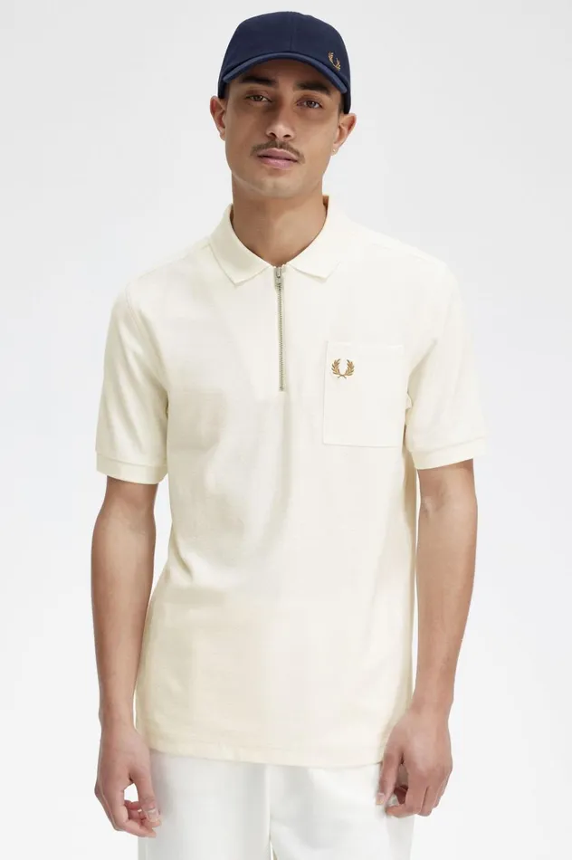 Men Textured Zip Neck Polo Shirt Ecru Fred Perry Polo Shirts