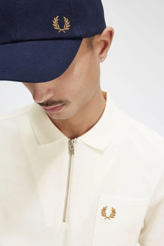 Men Textured Zip Neck Polo Shirt Ecru Fred Perry Polo Shirts