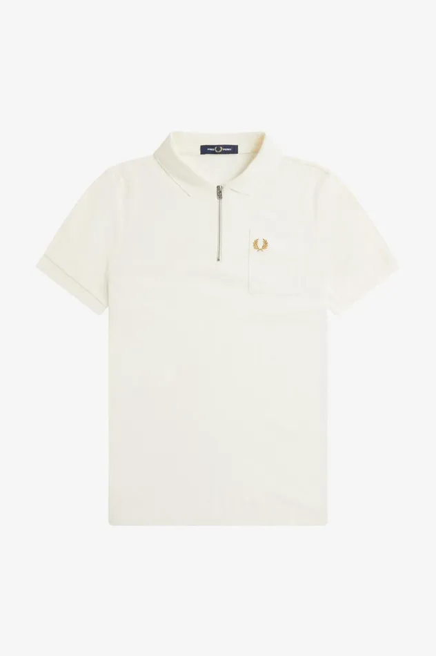 Men Textured Zip Neck Polo Shirt Ecru Fred Perry Polo Shirts