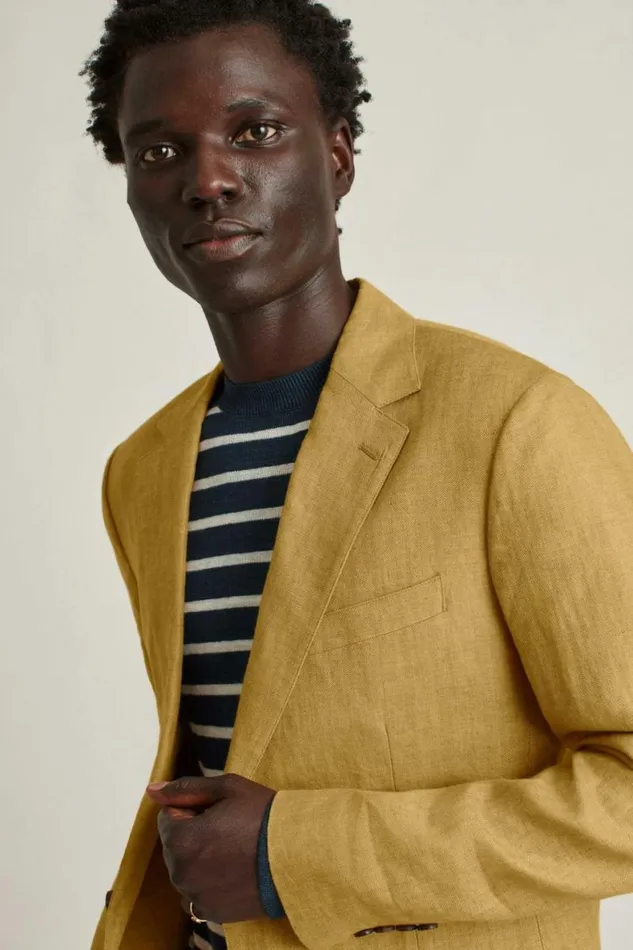 Men Unconstructed Italian Linen Blazer Mustard Herringbone Bonobos Blazers and Sport Coats