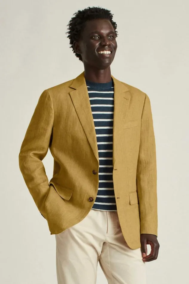 Men Unconstructed Italian Linen Blazer Mustard Herringbone Bonobos Blazers and Sport Coats