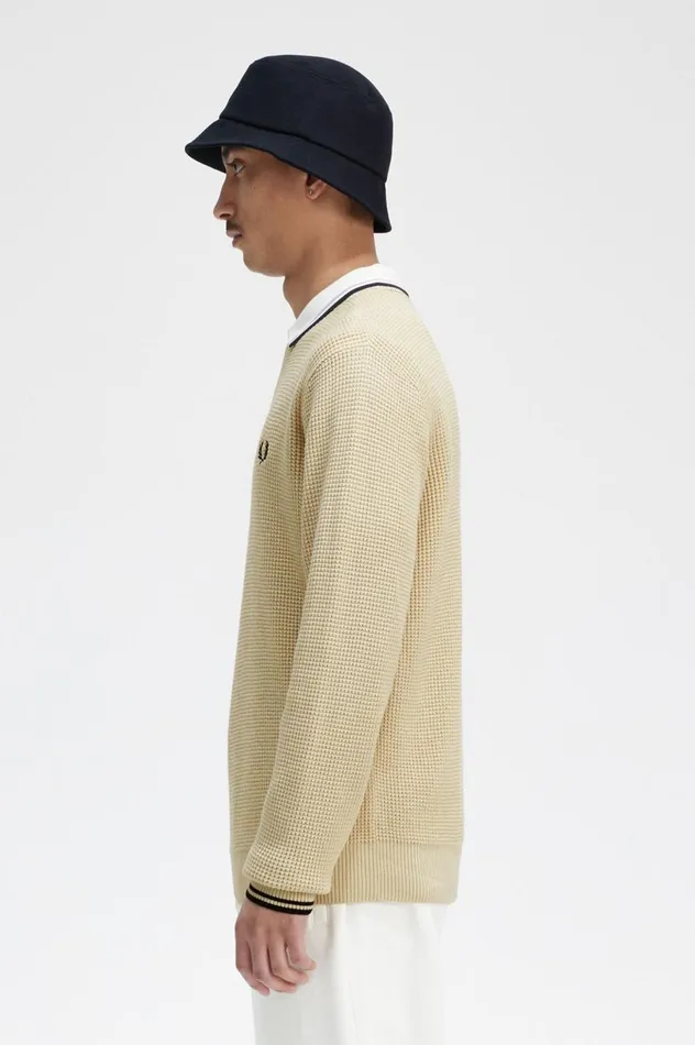 Men Waffle Stitch Jumper Oatmeal Fred Perry Knitwear