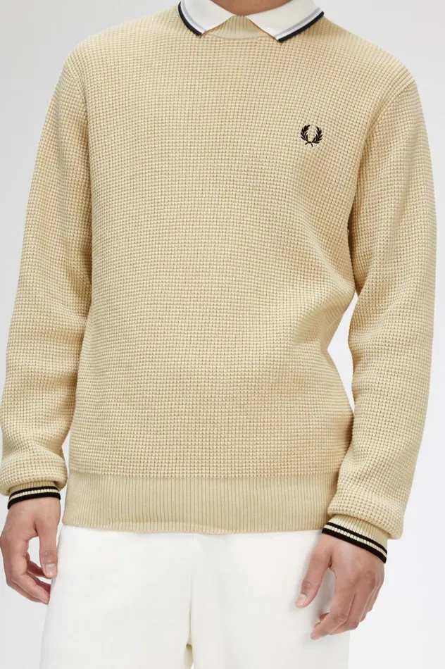 Men Waffle Stitch Jumper Oatmeal Fred Perry Knitwear