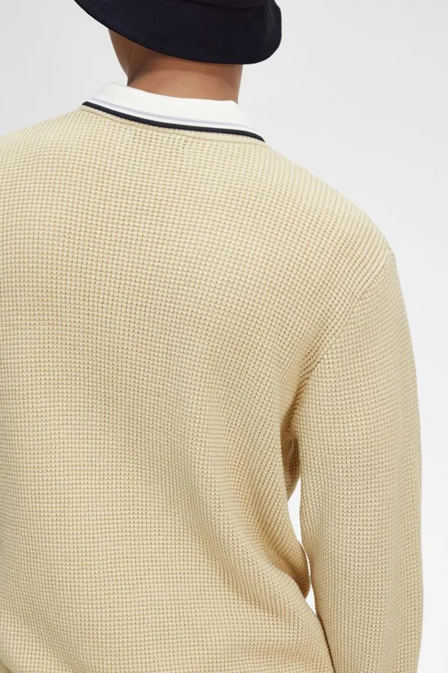 Men Waffle Stitch Jumper Oatmeal Fred Perry Knitwear