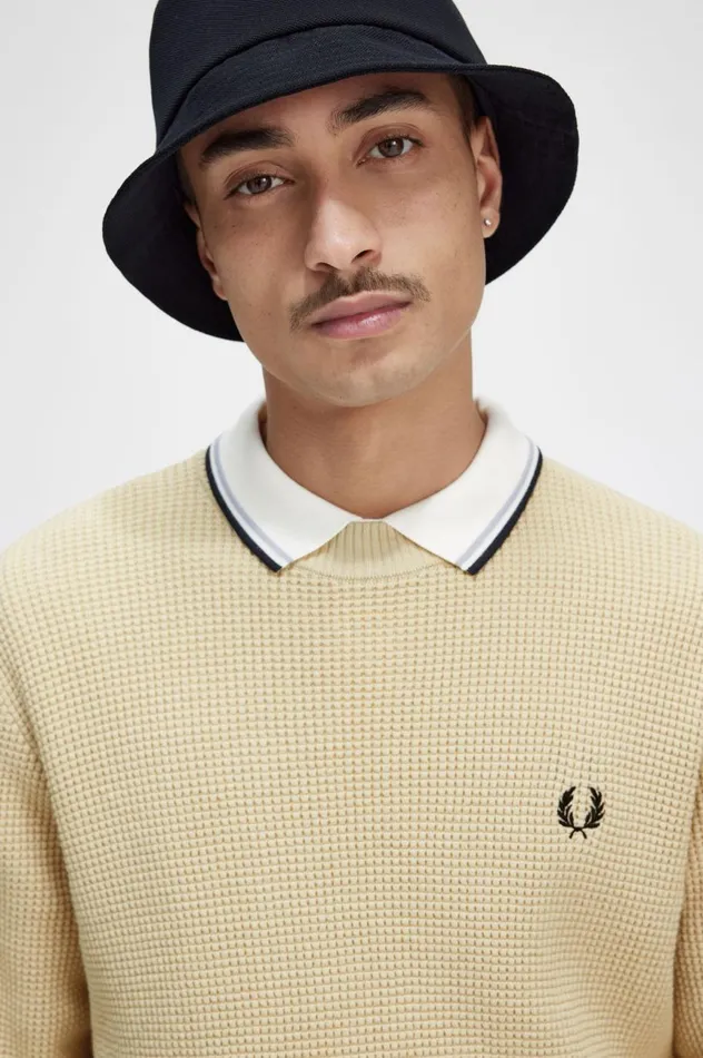 Men Waffle Stitch Jumper Oatmeal Fred Perry Knitwear