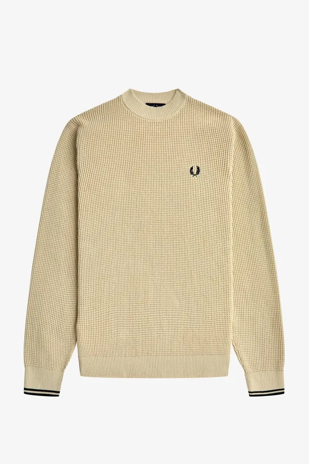 Men Waffle Stitch Jumper Oatmeal Fred Perry Knitwear