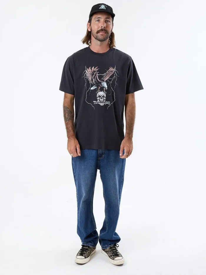 Mens Departed Flight Merch Fit Tee Washed Black Thrills Tees and Tank Tops