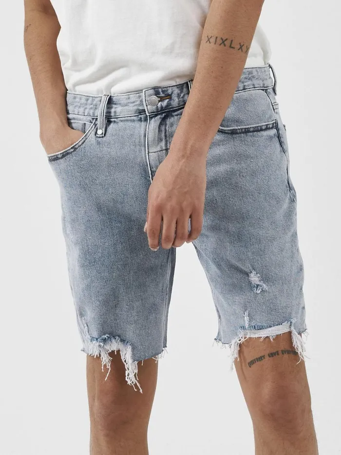 Mens Destroyed Bones Denim Short Garage Blue Thrills Denim Shorts