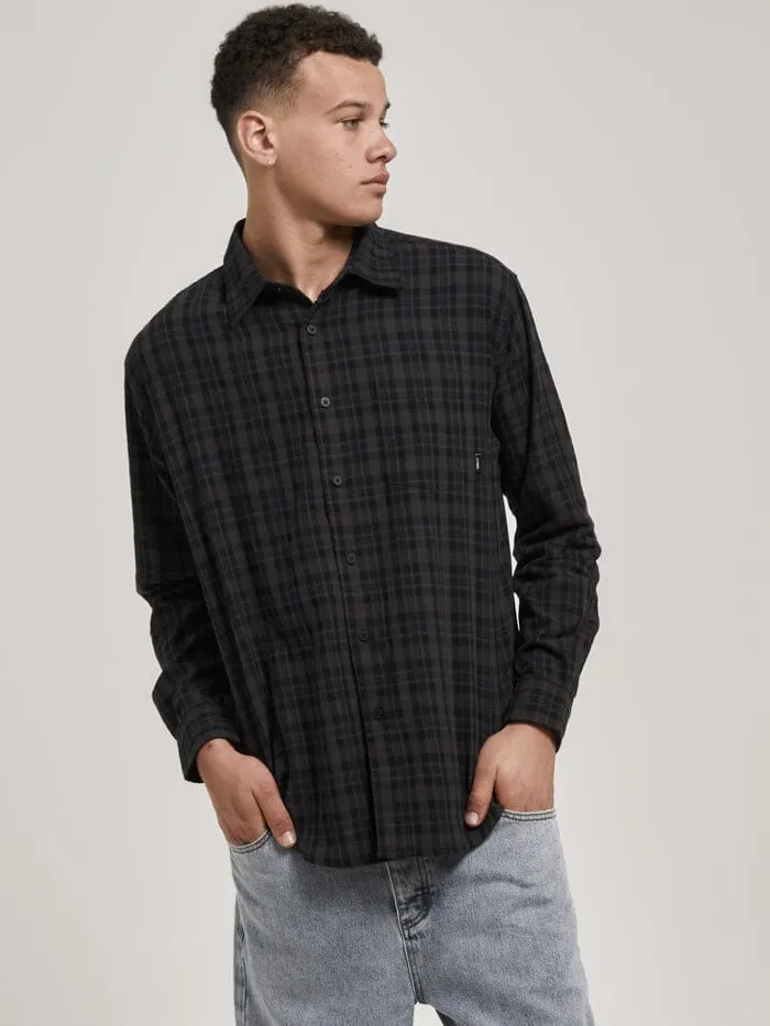 Mens Shadow Plaid Long Sleeve Shirt Dark Brown Thrills Shirts