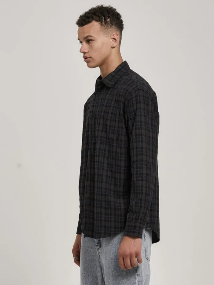 Mens Shadow Plaid Long Sleeve Shirt Dark Brown Thrills Shirts