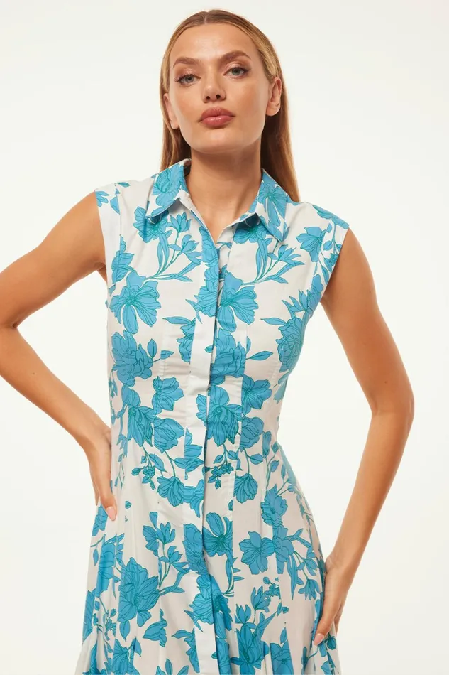 MISA Los Angeles CHARLOTTE DRESS Turquoise Flora Poplin Women Dresses