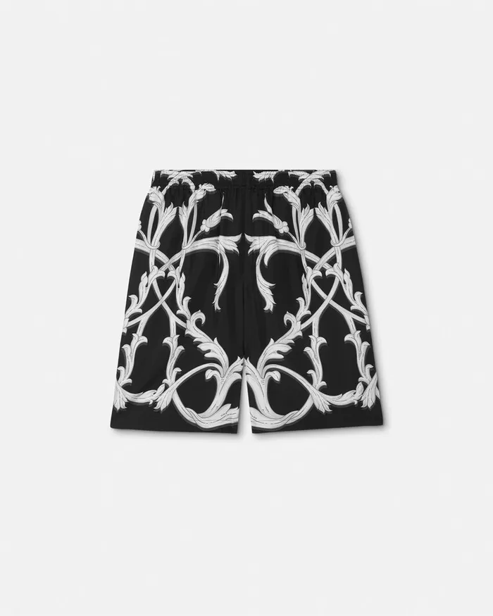 Pants and Shorts Men Versace Acanthus Leaves Silk Shorts Black