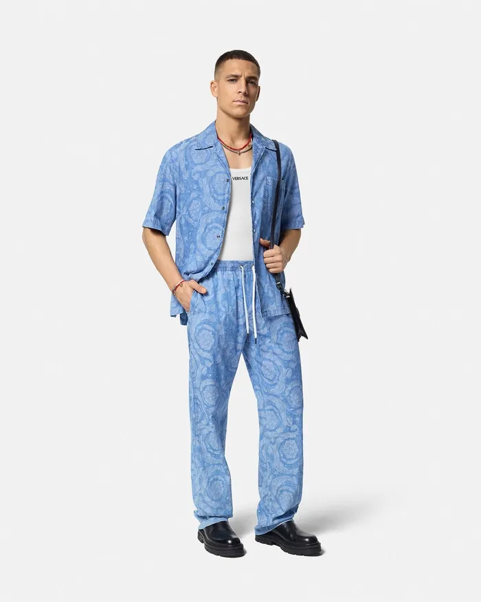 Pants and Shorts Men Versace Barocco Chambray Denim Pants Blue