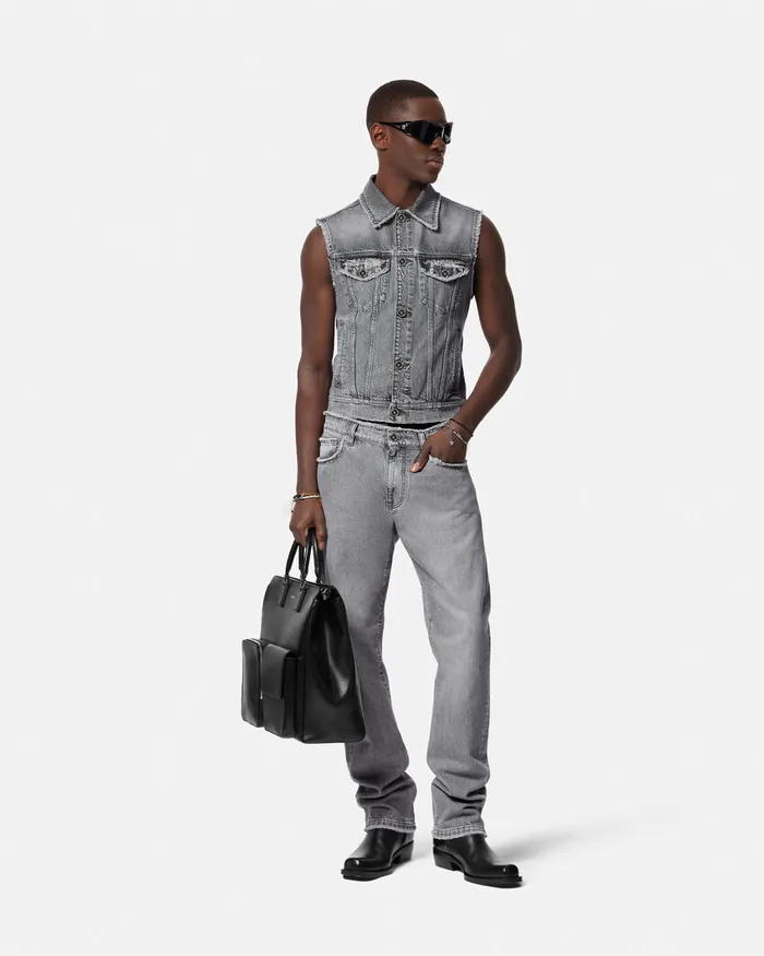Pants and Shorts Men Versace Frayed RegularFit Jeans Gray