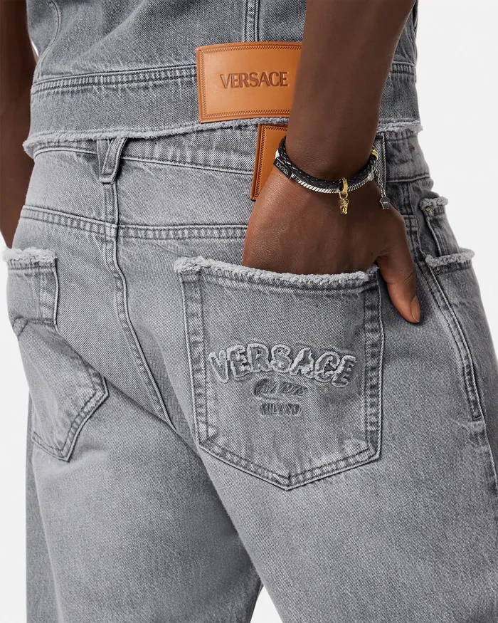 Pants and Shorts Men Versace Frayed RegularFit Jeans Gray