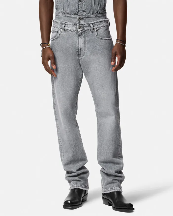 Pants and Shorts Men Versace Frayed RegularFit Jeans Gray