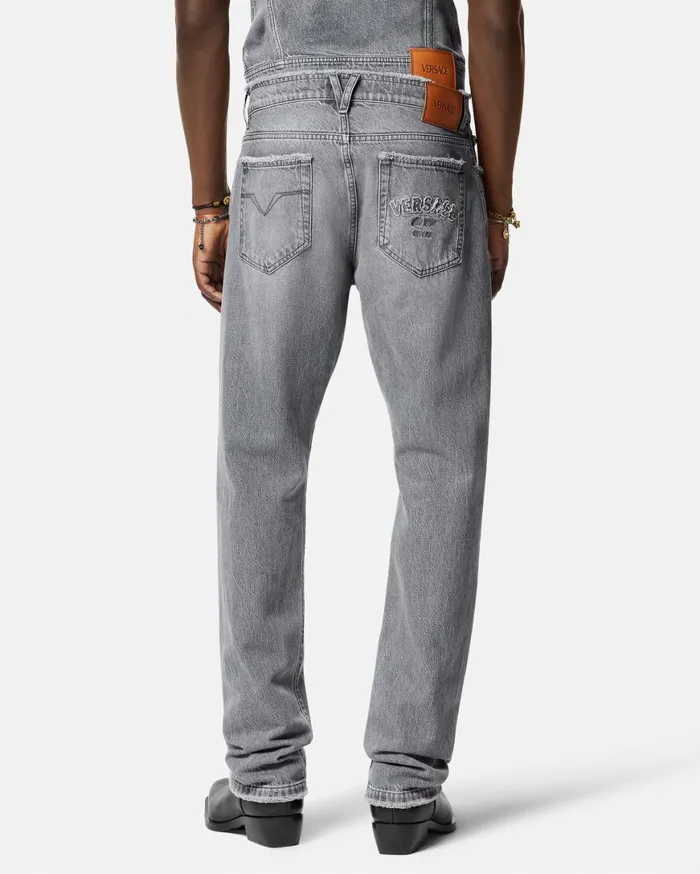 Pants and Shorts Men Versace Frayed RegularFit Jeans Gray