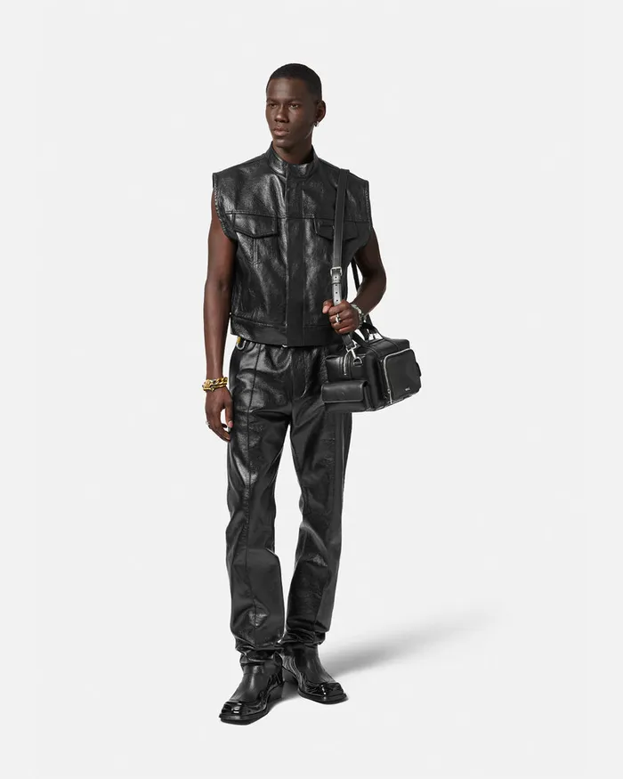 Pants and Shorts Men Versace Leather Trousers Black