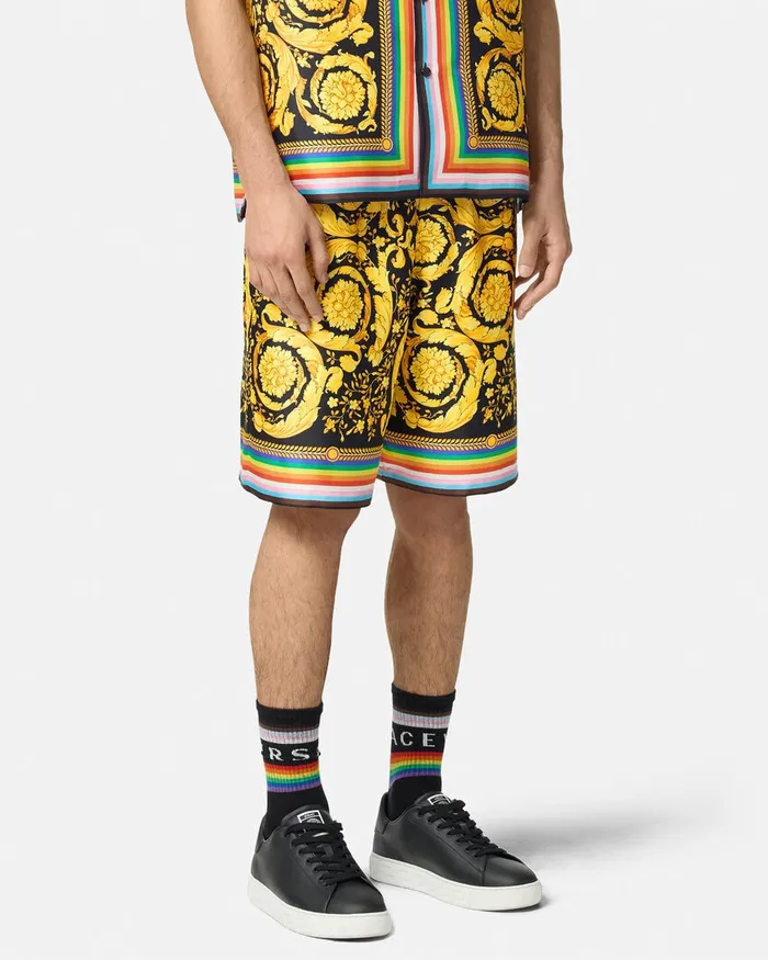 Pants and Shorts Men Versace Pride Barocco Silk Shorts Blackprint