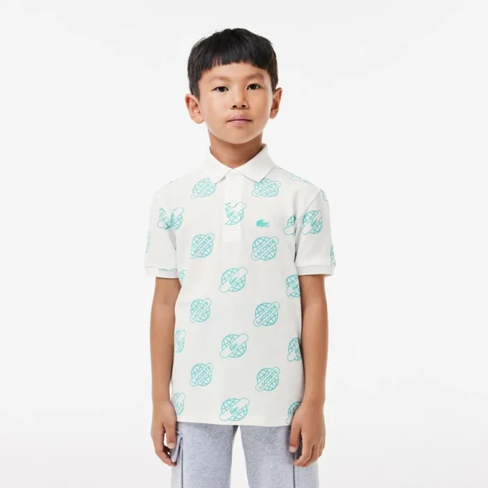 Polos Kids Lacoste Kids039 Cotton Piqu Print Polo White Blue Ri6