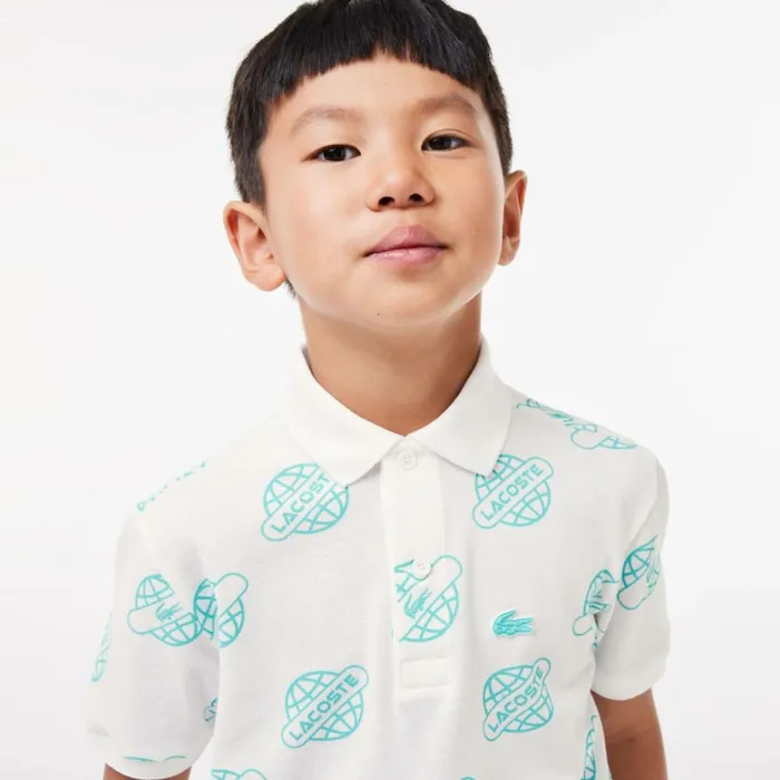 Polos Kids Lacoste Kids039 Cotton Piqu Print Polo White Blue Ri6