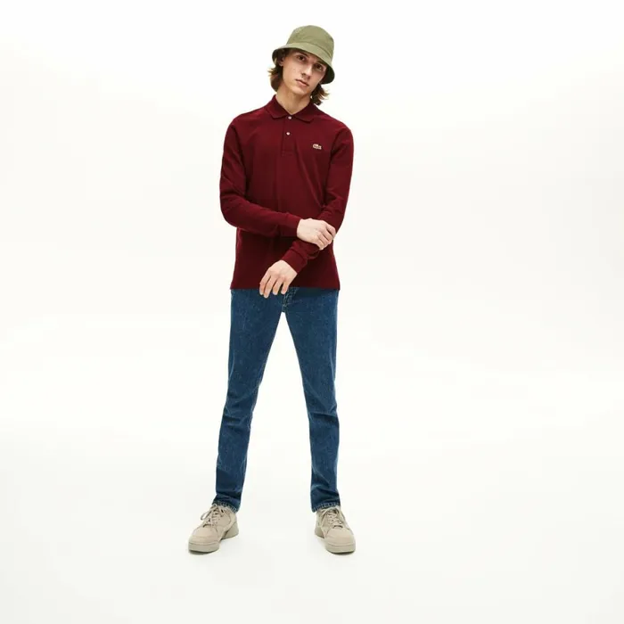 Polos Men Lacoste Men039s Long Sleeve Heathered Cotton Polo Dark Bordeaux Sxl