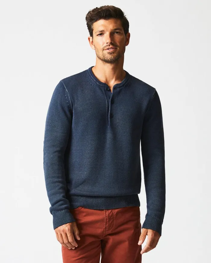 Polos Tees and Henleys Men Billy Reid Garment Dyed Henley Sweater Carbon Blue