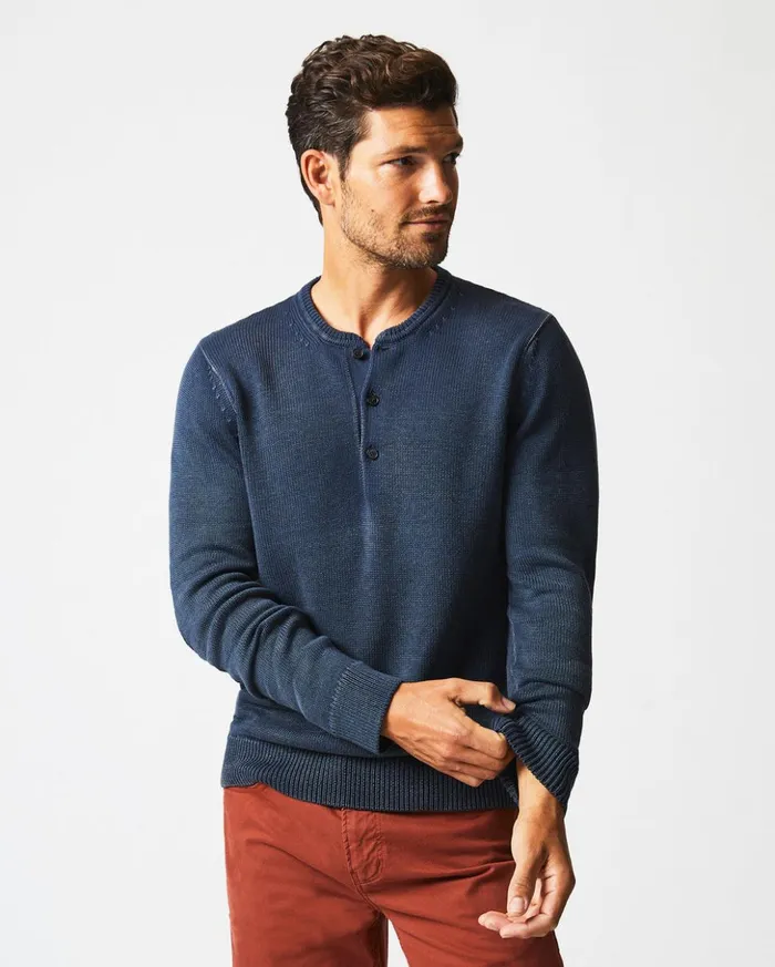 Polos Tees and Henleys Men Billy Reid Garment Dyed Henley Sweater Carbon Blue
