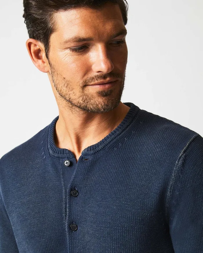 Polos Tees and Henleys Men Billy Reid Garment Dyed Henley Sweater Carbon Blue