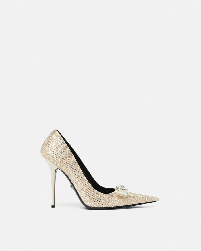 Pumps and Slingbacks Women Versace Gianni Ribbon Crystal Pumps 110 Mm Beige