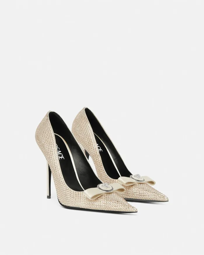Pumps and Slingbacks Women Versace Gianni Ribbon Crystal Pumps 110 Mm Beige