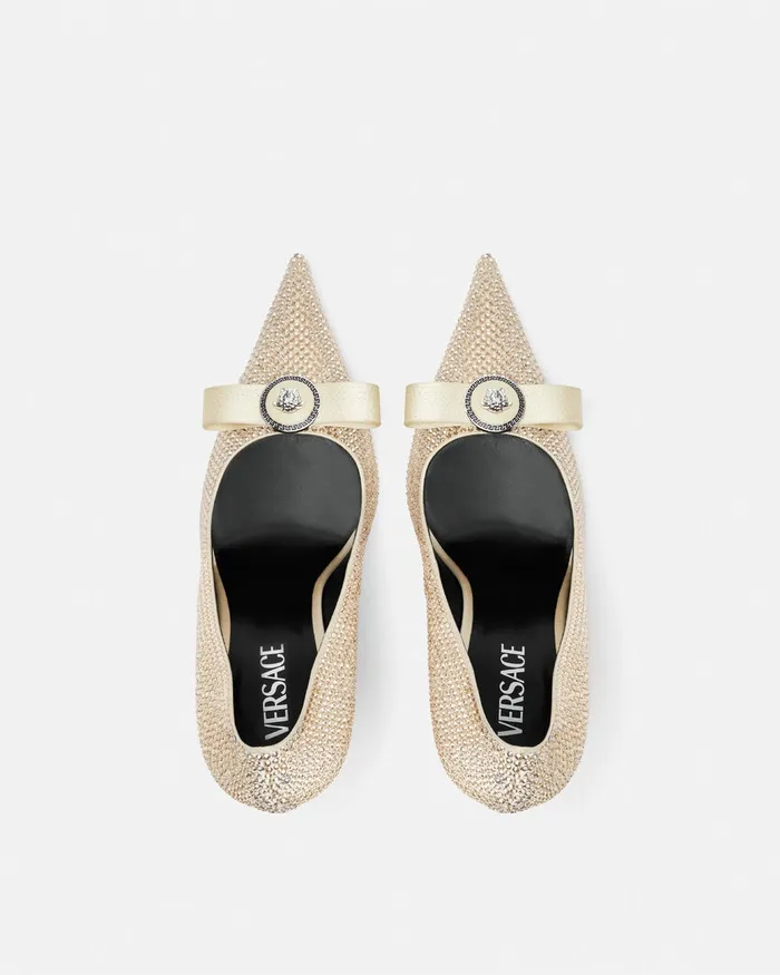Pumps and Slingbacks Women Versace Gianni Ribbon Crystal Pumps 110 Mm Beige