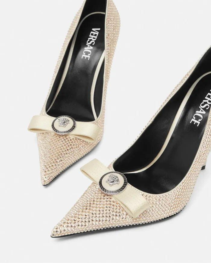 Pumps and Slingbacks Women Versace Gianni Ribbon Crystal Pumps 110 Mm Beige