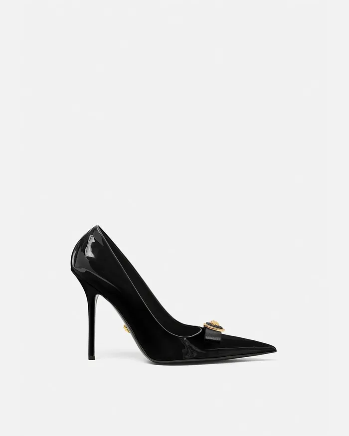 Pumps and Slingbacks Women Versace Gianni Ribbon Patent Pumps 110 Mm Blackgold Pumps and Slingbacks Women Versace Gianni Ribbon Patent Pumps 110 Mm Blackgold