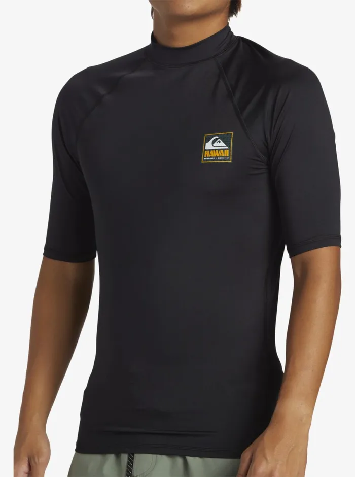 Quiksilver Hawaii Badge UPF50 Short Sleeve Surf Tee Black Mens Rashguards Quiksilver Hawaii Badge UPF50 Short Sleeve Surf Tee Black Mens Rashguards