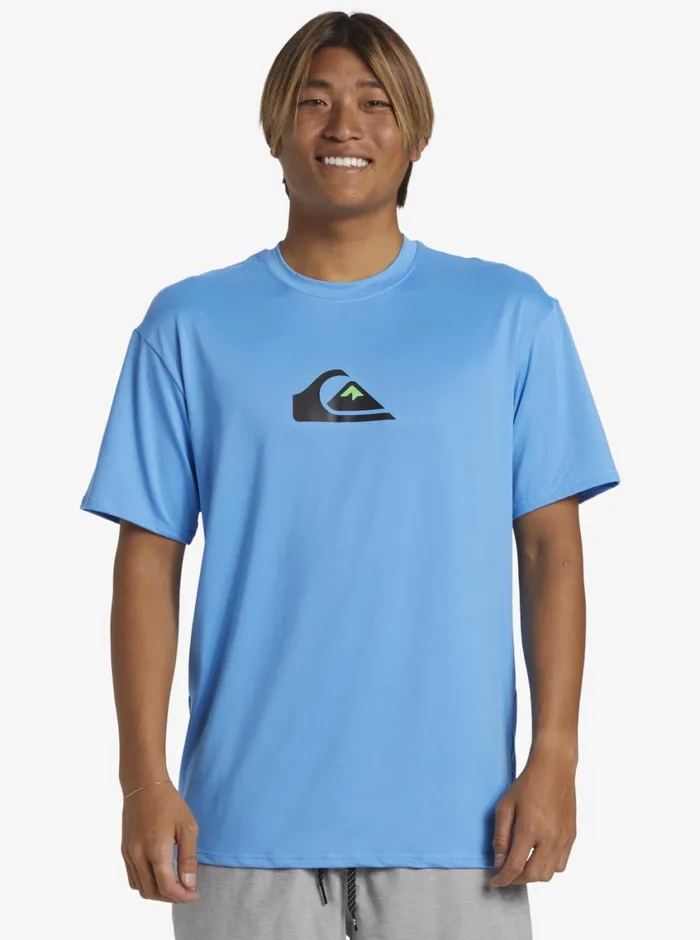 Quiksilver Solid Streak Short Sleeve UPF 50 Surf Tee Azure Blue Mens Rashguards Quiksilver Solid Streak Short Sleeve UPF 50 Surf Tee Azure Blue Mens Rashguards