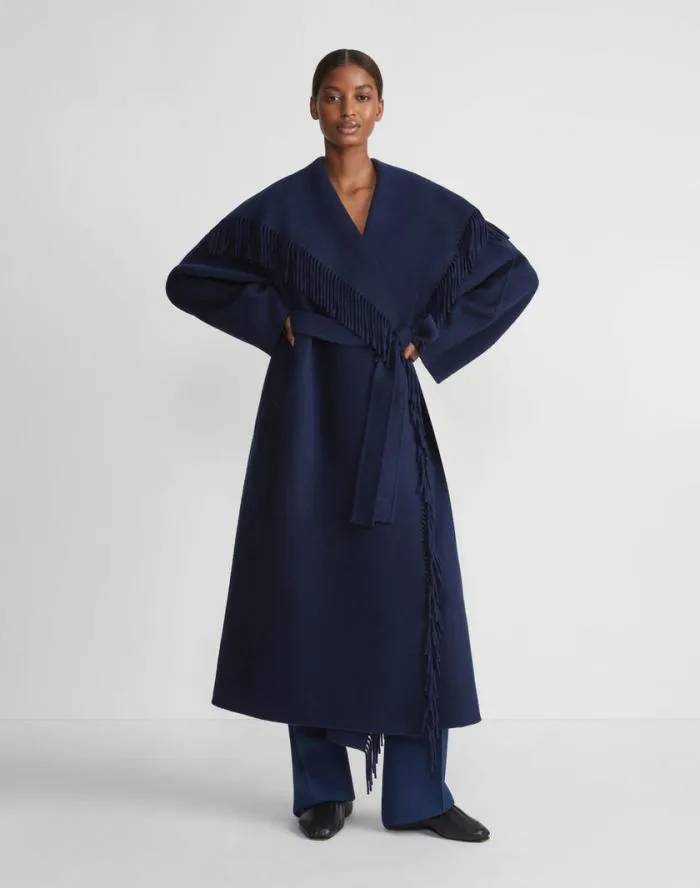 Ready To Wear Brushed Cashmere Double Face Fringed Oversized Coat Midnight Blue Lafayette 148 New York Jackets and Blazers
