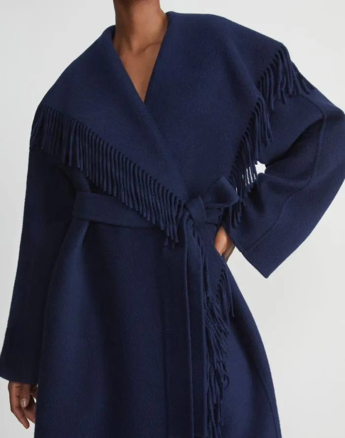 Ready To Wear Brushed Cashmere Double Face Fringed Oversized Coat Midnight Blue Lafayette 148 New York Jackets and Blazers