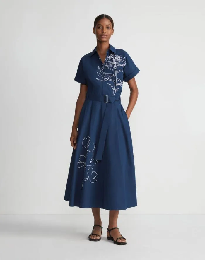 Ready To Wear Embroidered Rose Organic Cotton Poplin Shirtdress Midnight Blue Lafayette 148 New York Dresses