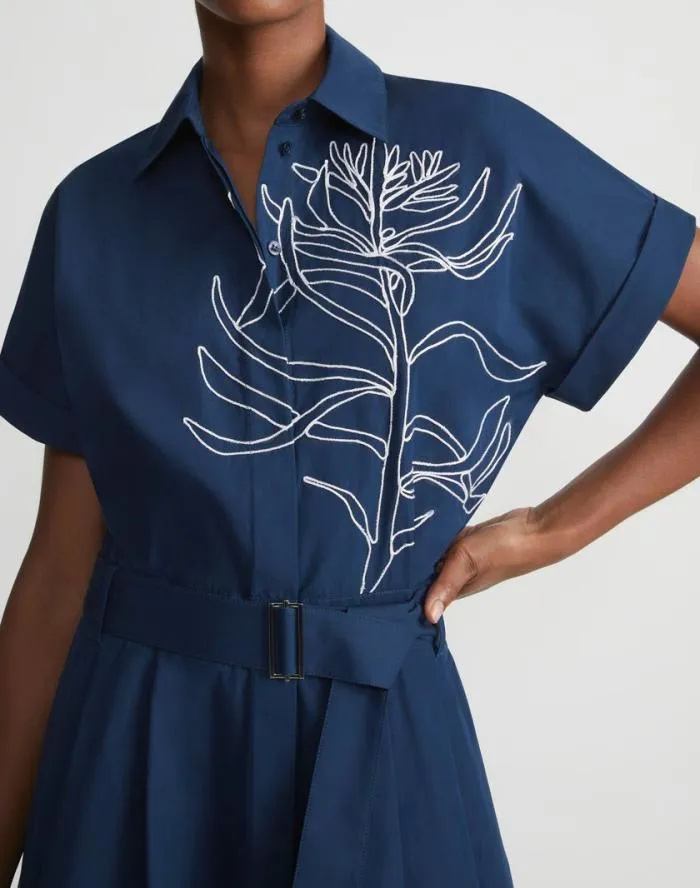 Ready To Wear Embroidered Rose Organic Cotton Poplin Shirtdress Midnight Blue Lafayette 148 New York Dresses