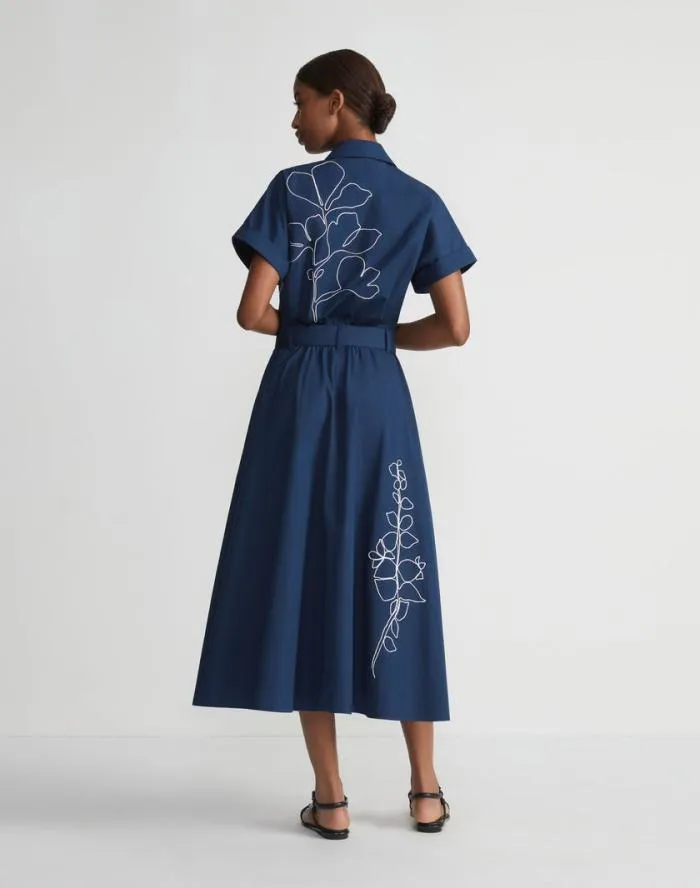 Ready To Wear Embroidered Rose Organic Cotton Poplin Shirtdress Midnight Blue Lafayette 148 New York Dresses