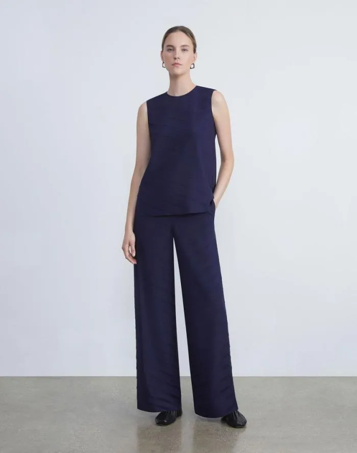 Ready To Wear Sateen Diagonal Pleat Riverside Pant Midnight Blue Lafayette 148 New York Pants and Shorts
