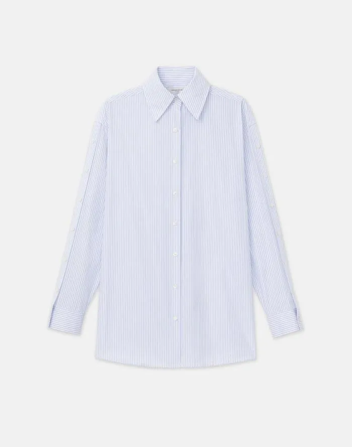 Ready To Wear Stripe Cotton Poplin Button Sleeve Oversized Shirt Wild Bluet Multi Lafayette 148 New York Blouses and Shirts