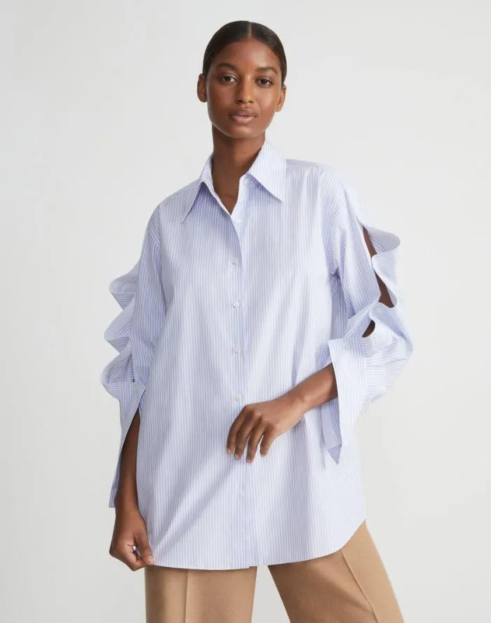 Ready To Wear Stripe Cotton Poplin Button Sleeve Oversized Shirt Wild Bluet Multi Lafayette 148 New York Blouses and Shirts