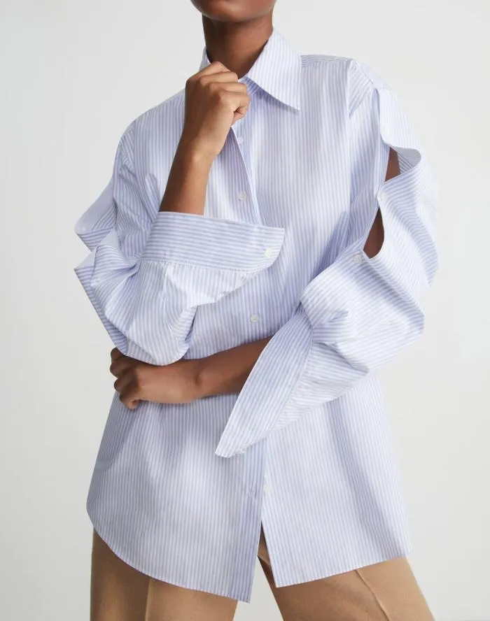 Ready To Wear Stripe Cotton Poplin Button Sleeve Oversized Shirt Wild Bluet Multi Lafayette 148 New York Blouses and Shirts
