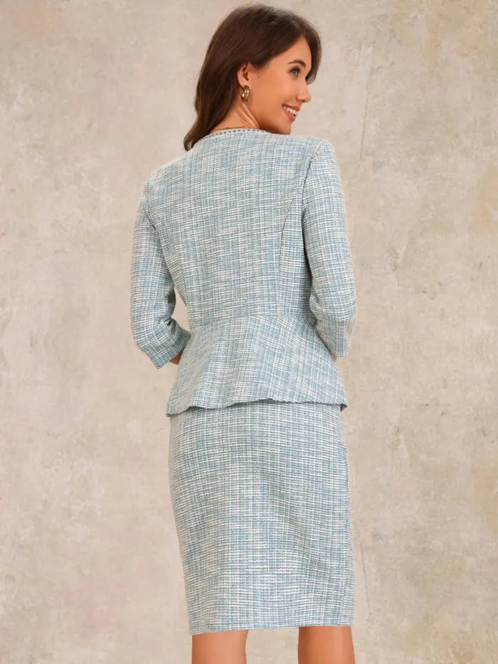 RWandCO Blazers Allegra K 8211 34 Sleeve Tweed Blazer Pencil Skirt Business Suit Light Blue 8211 Women