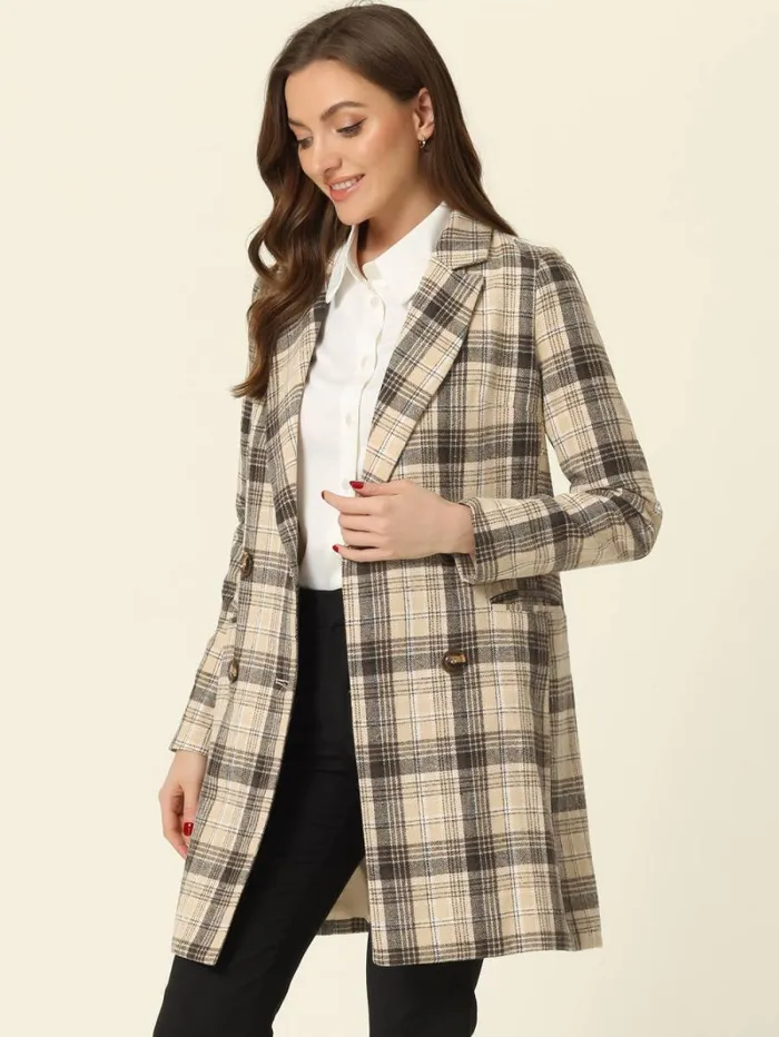 RWandCO Blazers Allegra K Notched Lapel Double Breasted Plaid Blazer Khaki 8211 Women