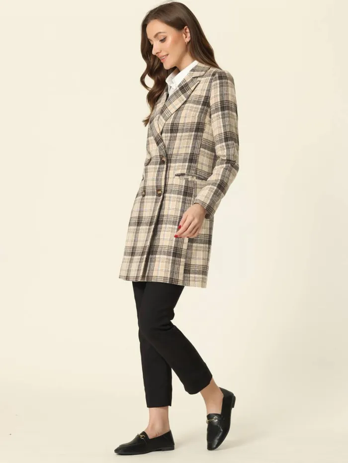 RWandCO Blazers Allegra K Notched Lapel Double Breasted Plaid Blazer Khaki 8211 Women