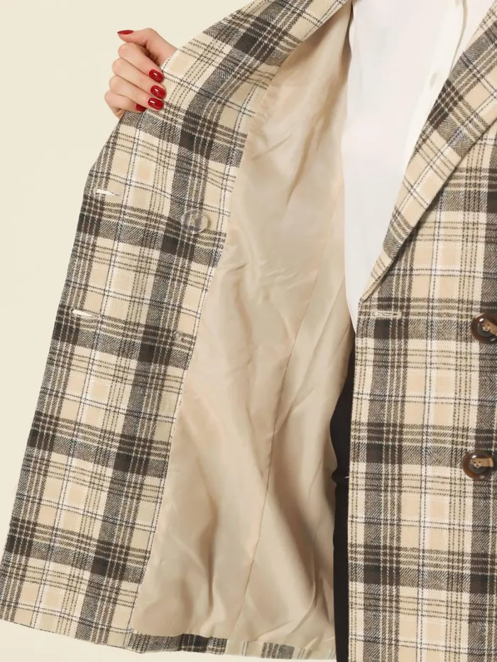 RWandCO Blazers Allegra K Notched Lapel Double Breasted Plaid Blazer Khaki 8211 Women