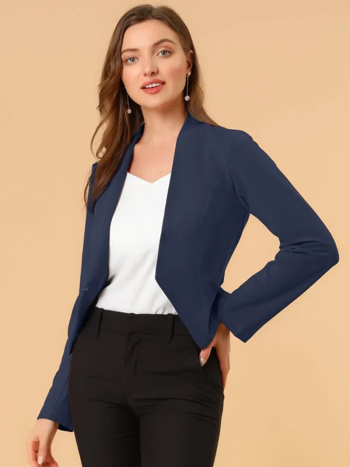 RWandCO Blazers Allegra K Suit Collarless Cropped Blazer Jacket Navy 8211 Women